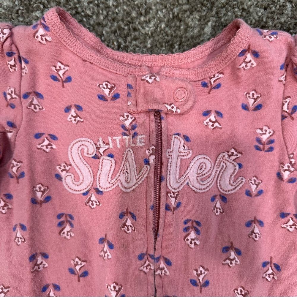 Set of 2 Carter's Pink Floral Baby Girl Footies Pajamas “Little Sister” twins 9M - Picture 2 of 6